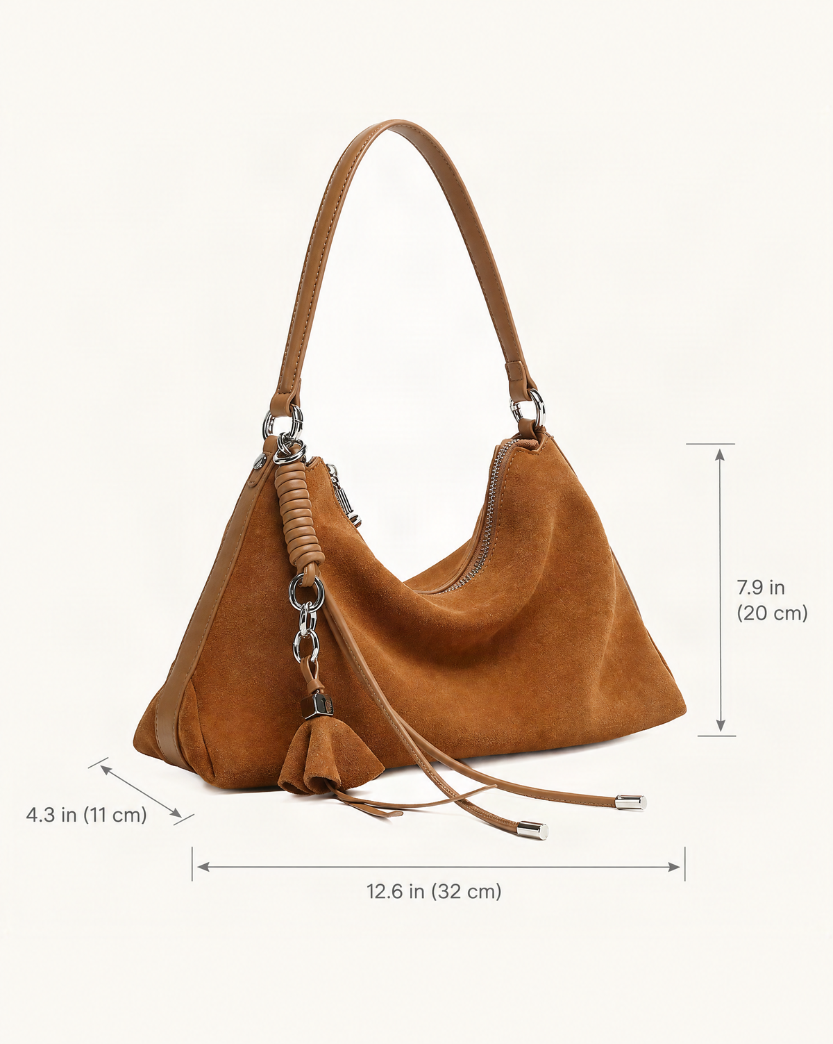 Nubuck Cowhide Underarm Tote Bag with Tassel dimensions diagram, in inches and centimetres