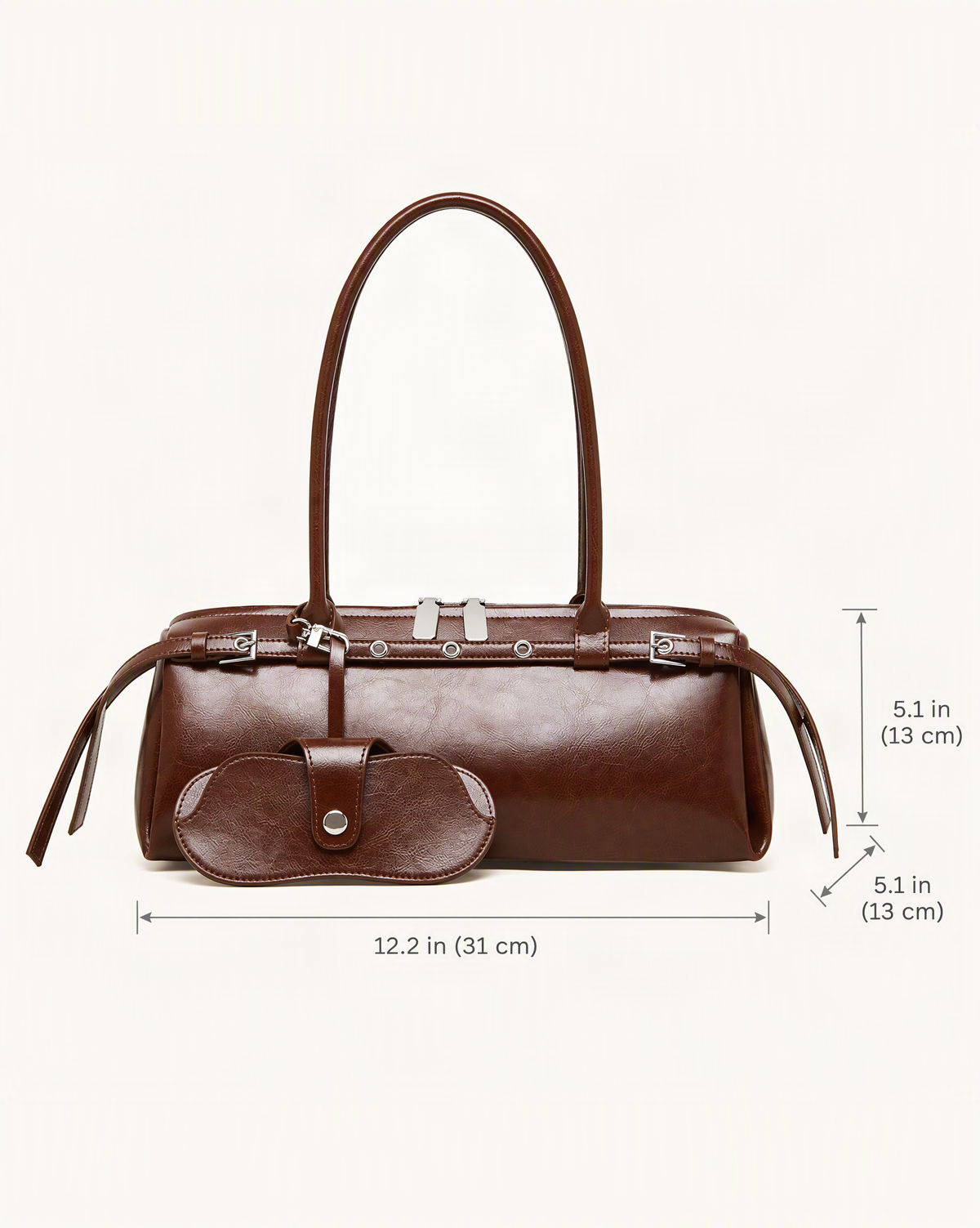 Cowhide Leather Small Barrel Tote with Sunglass Pouch dimensions diagram, in inches and centimetres
