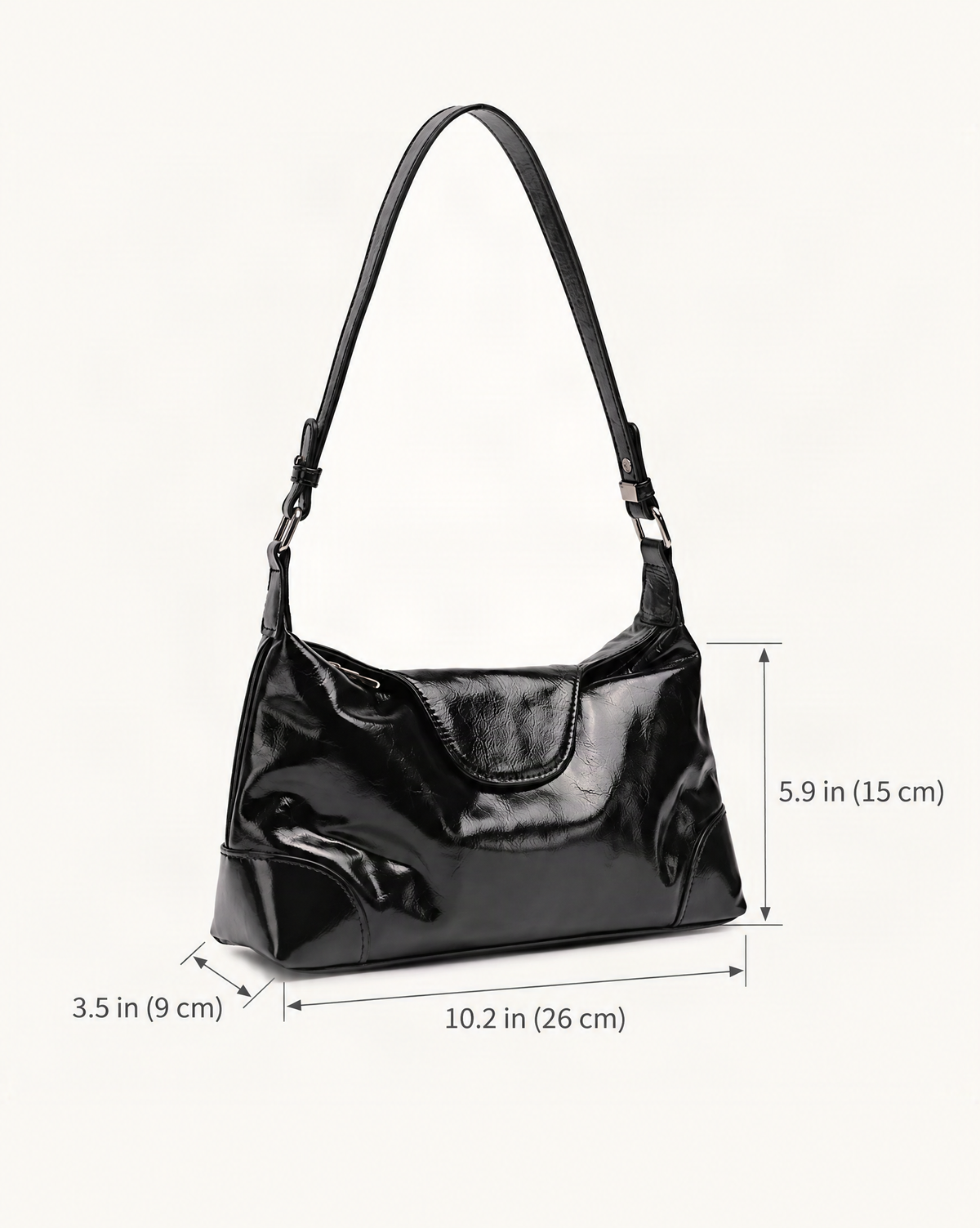 Cowhide Leather Small Shoulder Bag with Adjustable Strap dimensions diagram, in inches and centimetres