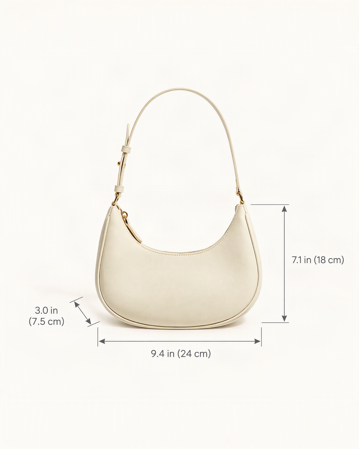 Cowhide Leather Crescent Hobo Shoulder Bag dimensions diagram, in inches and centimetres