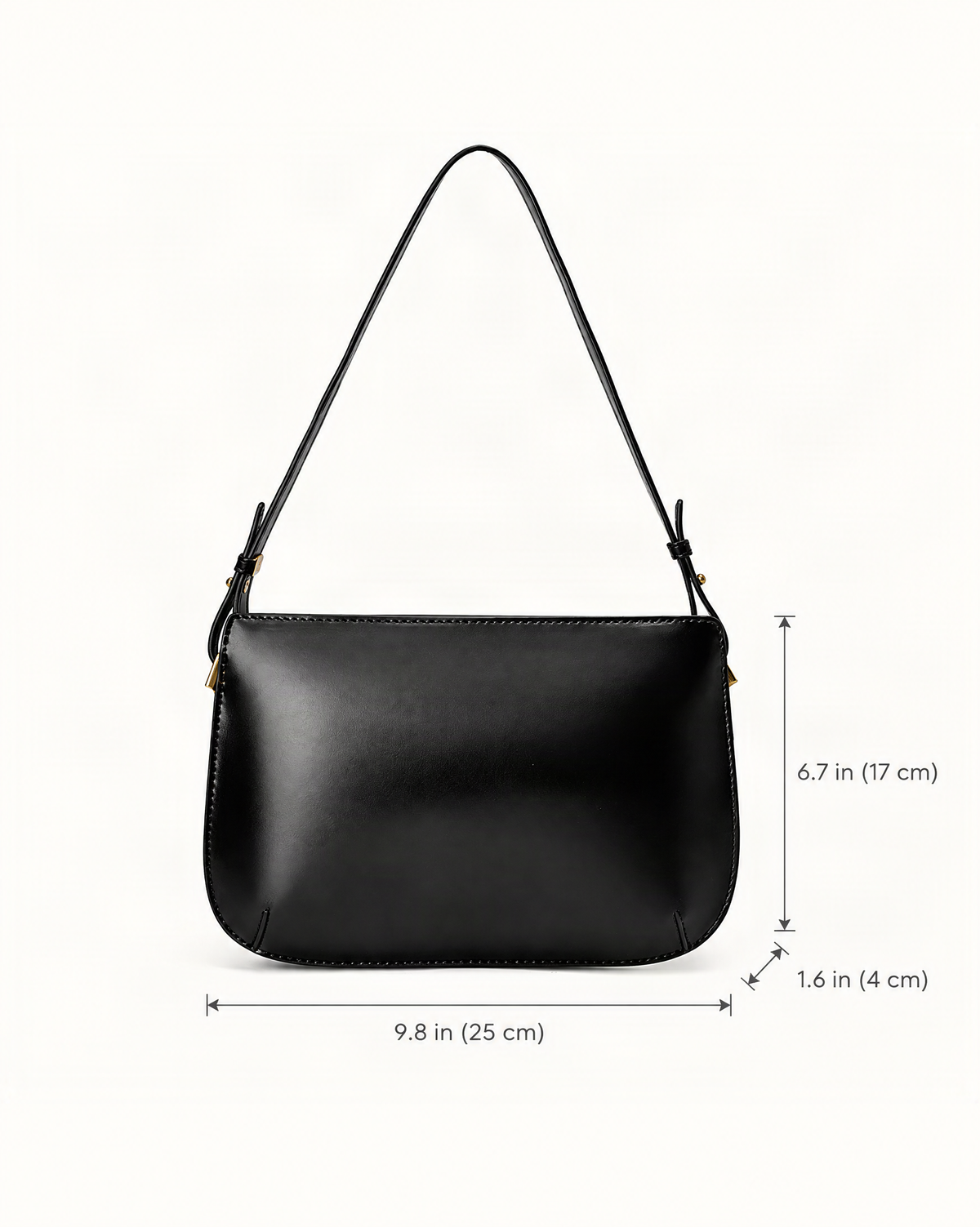 Cowhide Leather Underarm Bag with Detachable Strap dimensions diagram, in inches and centimetres
