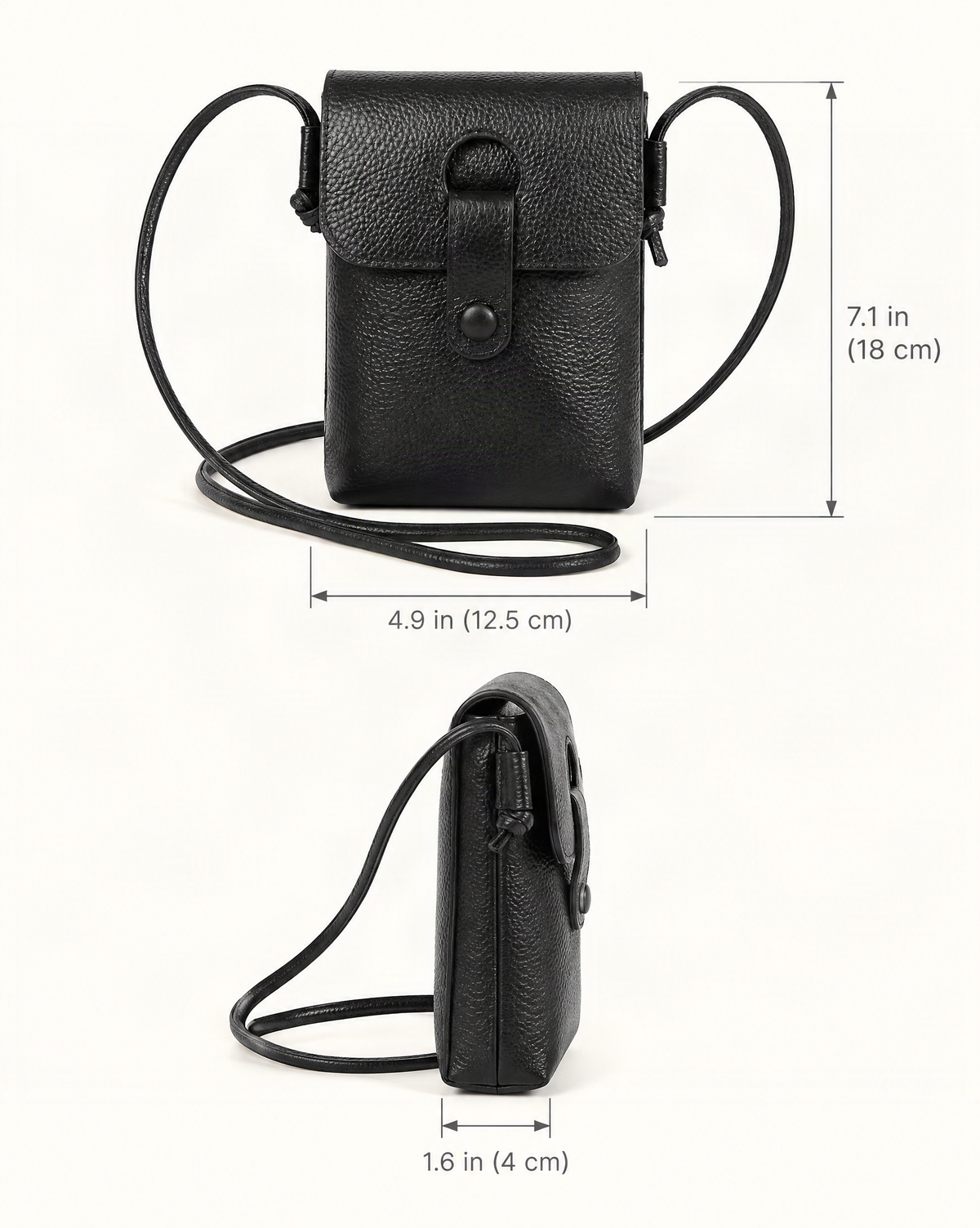 Pebbled Cowhide Micro Crossbody Phone Bag dimensions diagram, in inches and centimetres