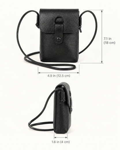 Pebbled Cowhide Micro Crossbody Phone Bag dimensions diagram, in inches and centimetres