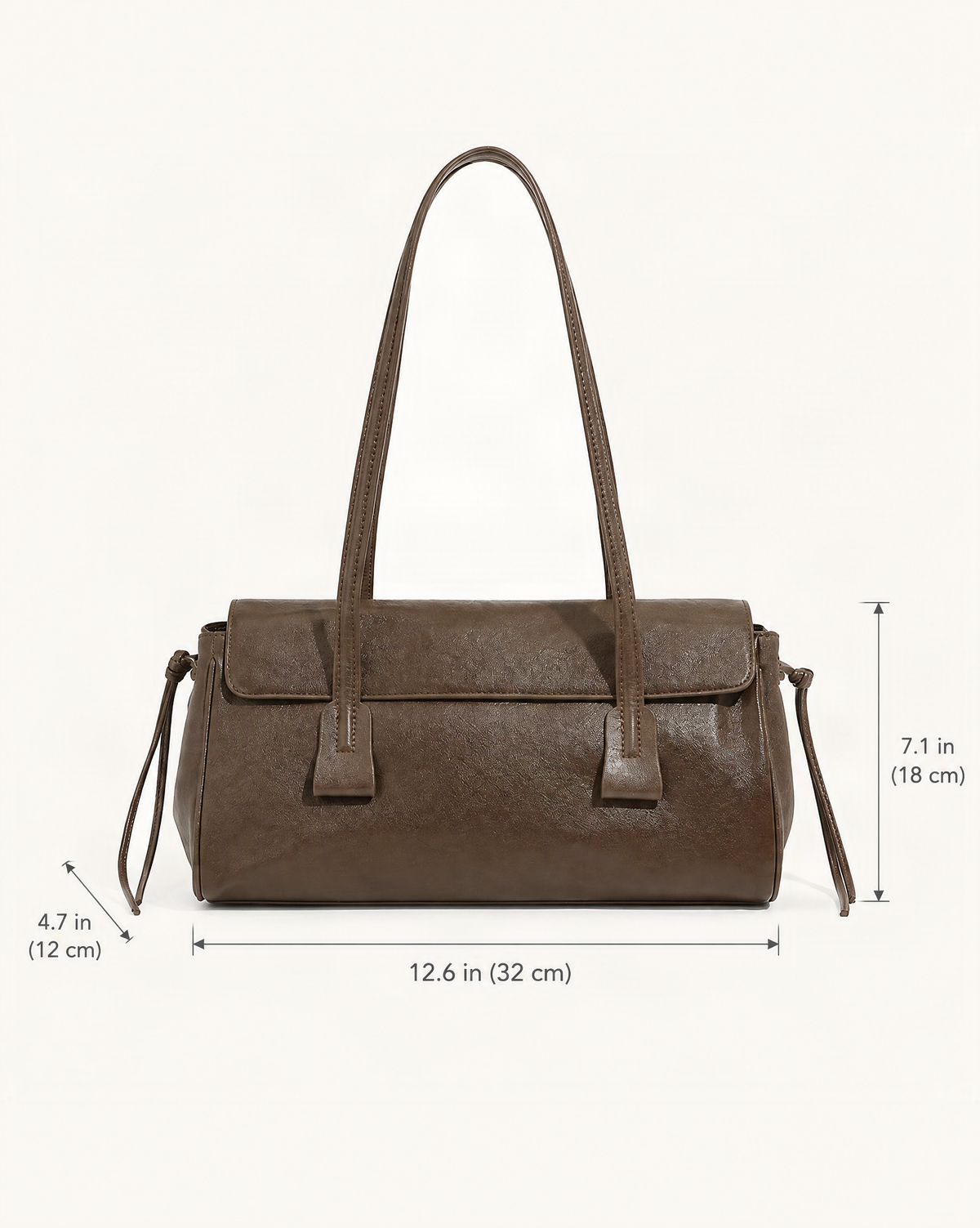 Cowhide Leather Small Plus Shoulder Bag with Top Handles dimensions diagram, in inches and centimetres