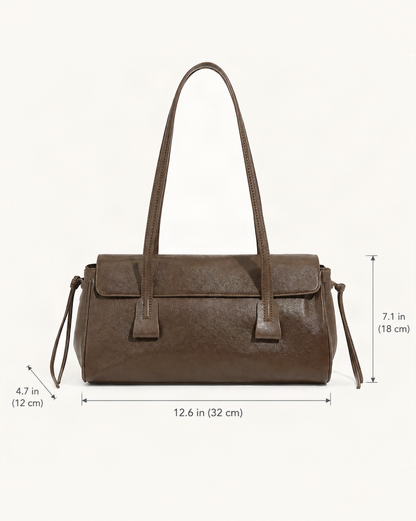 Cowhide Leather Small Plus Shoulder Bag with Top Handles dimensions diagram, in inches and centimetres