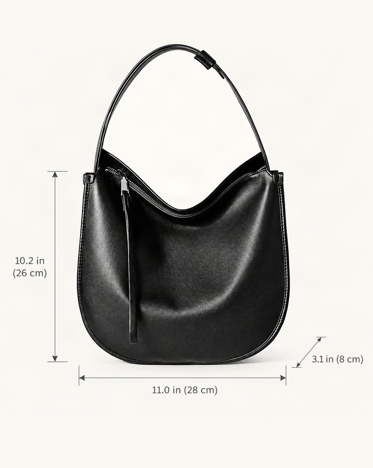 Cowhide Leather Small Plus Hobo Shoulder Bag dimensions diagram, in inches and centimetres