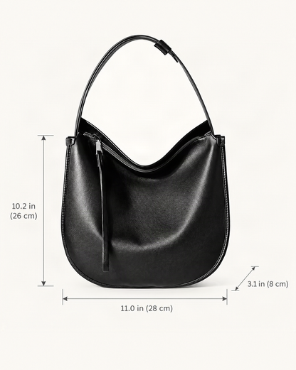 Cowhide Leather Small Plus Hobo Shoulder Bag dimensions diagram, in inches and centimetres