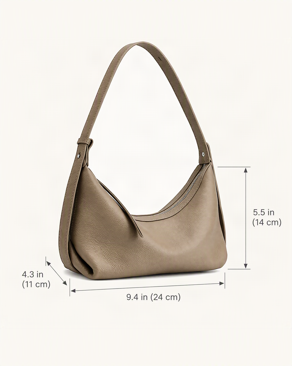 Top-Grain Cowhide Leather Hobo Bag dimensions diagram, in inches and centimetres