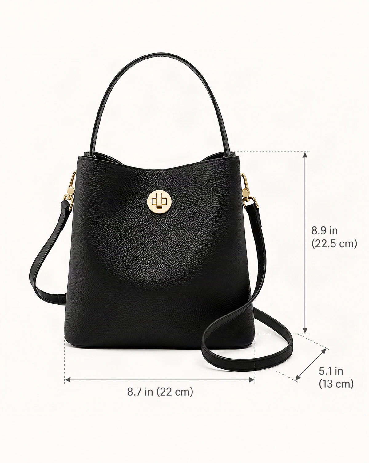 Top-Grain Cowhide Small Bucket Bag dimensions diagram, in inches and centimetres