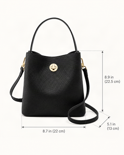 Top-Grain Cowhide Small Bucket Bag dimensions diagram, in inches and centimetres
