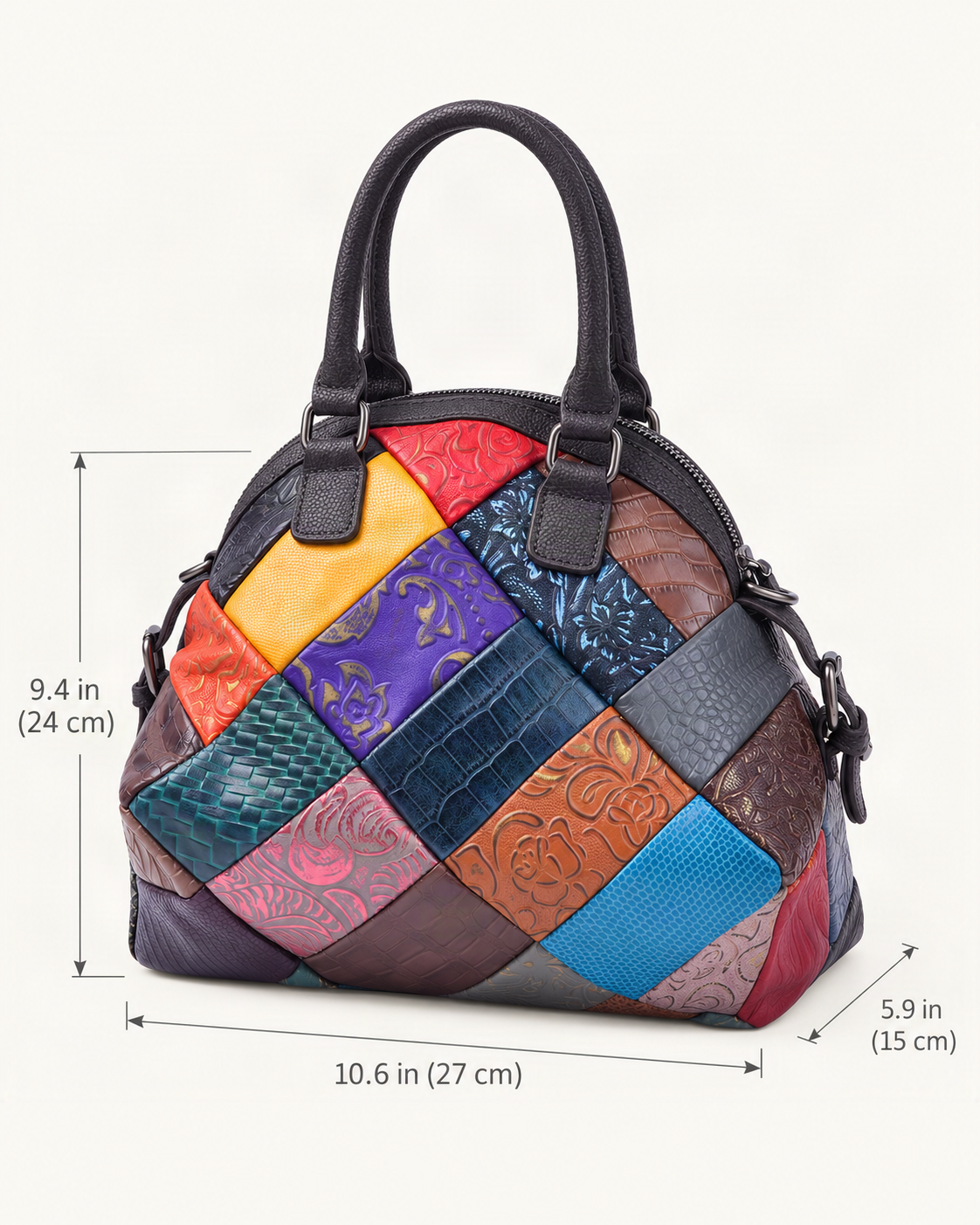 Top-Grain Cowhide Patchwork Shoulder Bag dimensions diagram, in inches and centimetres