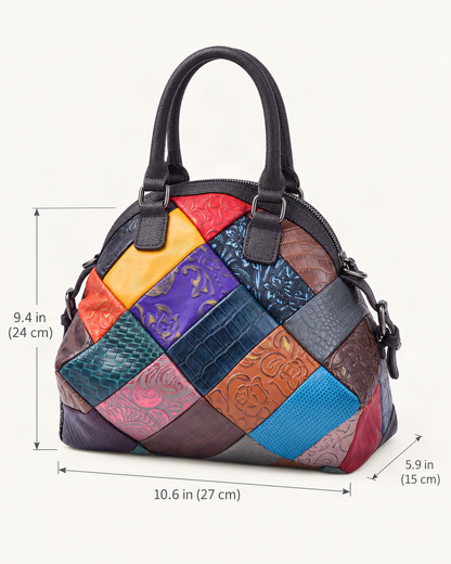 Top-Grain Cowhide Patchwork Shoulder Bag dimensions diagram, in inches and centimetres