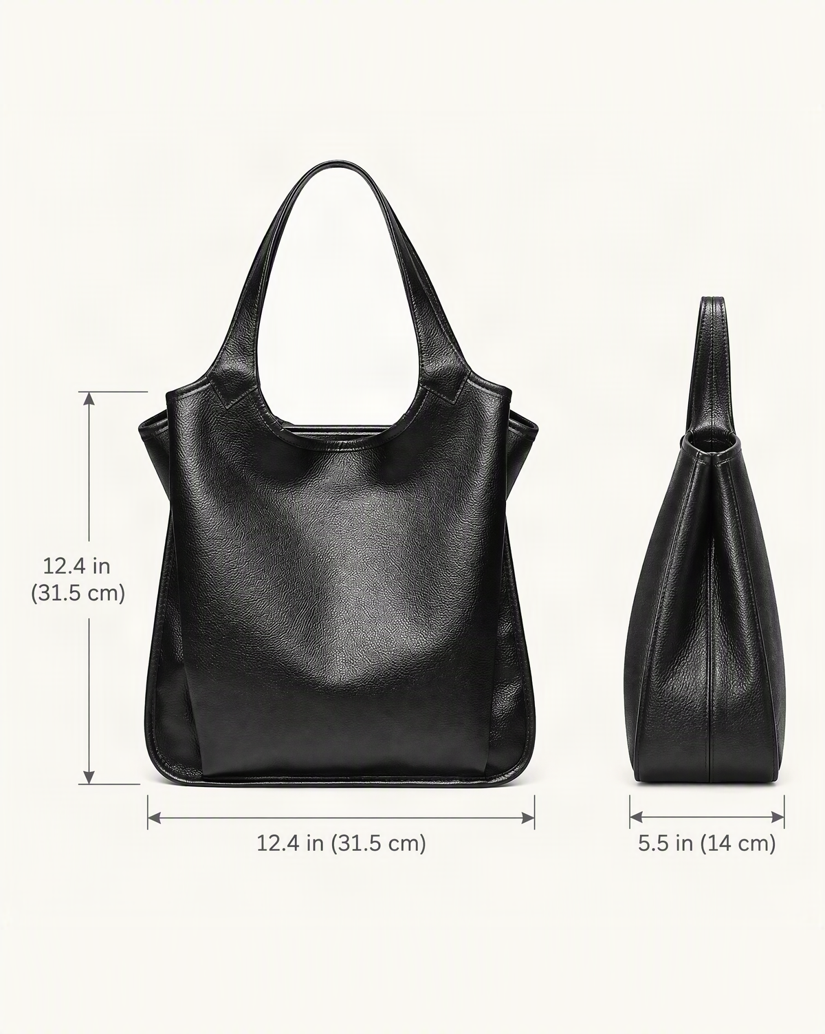 Top-Grain Cowhide Leather Tote Shoulder Bag dimensions diagram, in inches and centimetres