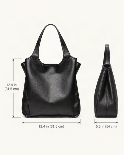 Top-Grain Cowhide Leather Tote Shoulder Bag dimensions diagram, in inches and centimetres