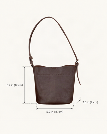 Top-Grain Cowhide Mini Bucket Shoulder Bag dimensions diagram, in inches and centimetres
