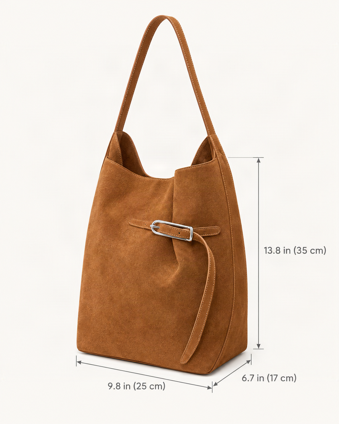 Suede Cowhide Shoulder Tote Bag dimensions diagram, in inches and centimetres