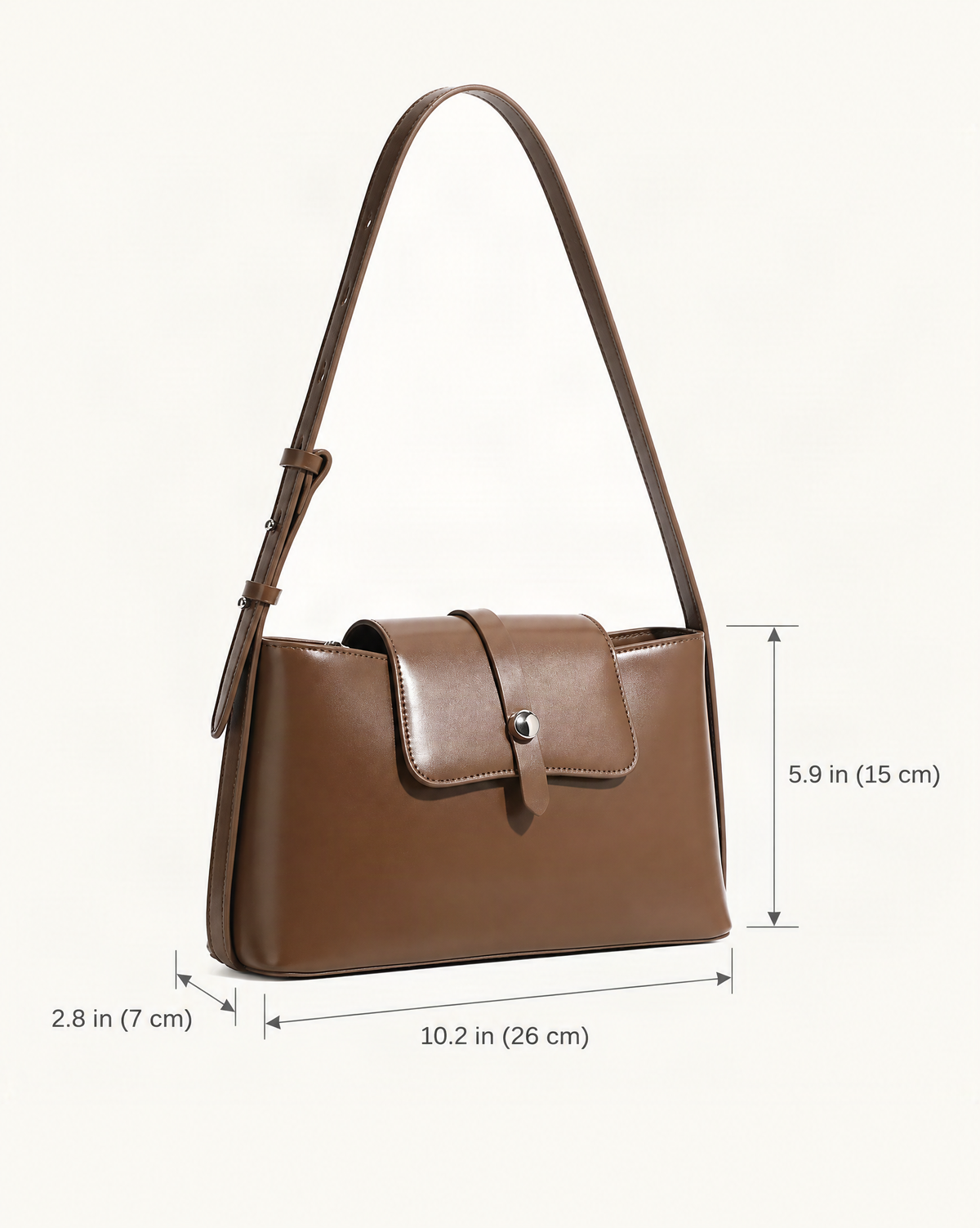 Genuine Leather Envelope Shoulder Bag with Adjustable Strap dimensions diagram, in inches and centimetres
