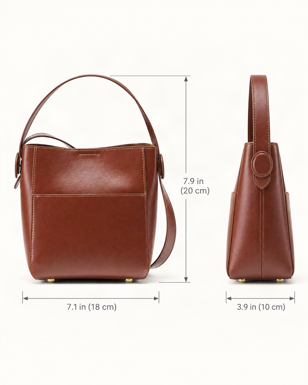 Cowhide Leather Bucket Crossbody Bag dimensions diagram, in inches and centimetres
