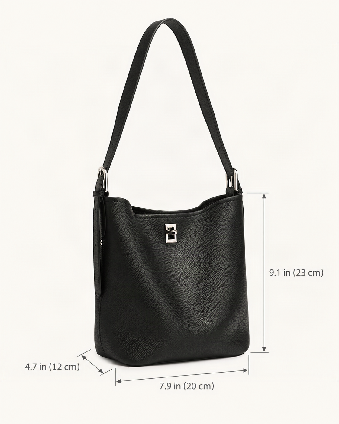 Top-Grain Cowhide Leather Bucket Bag, 7.9 x 9.1 x 4.7 in dimensions diagram, in inches and centimetres