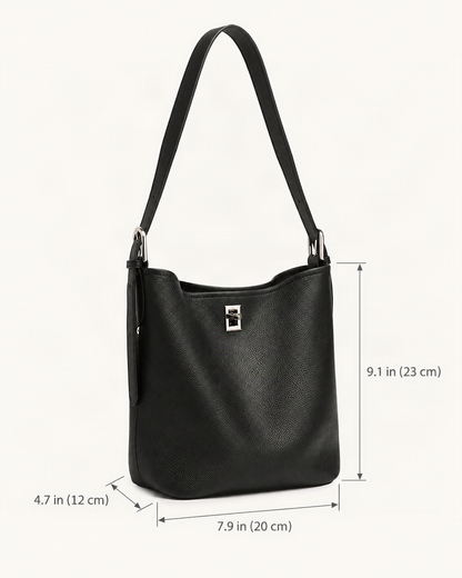 Top-Grain Cowhide Leather Bucket Bag, 7.9 x 9.1 x 4.7 in dimensions diagram, in inches and centimetres
