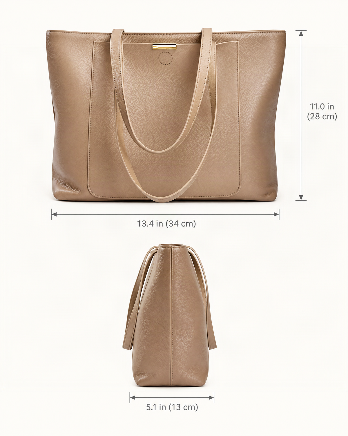 Pebbled Cowhide Leather Tote Bag dimensions diagram, in inches and centimetres