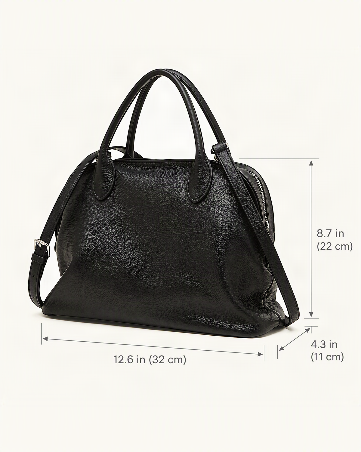 Cowhide Leather Small Bowling Tote Bag, Pebbled dimensions diagram, in inches and centimetres
