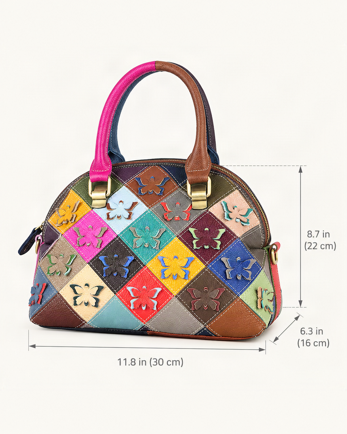 Top-Grain Cowhide Small Plus Shell Shoulder Bag dimensions diagram, in inches and centimetres