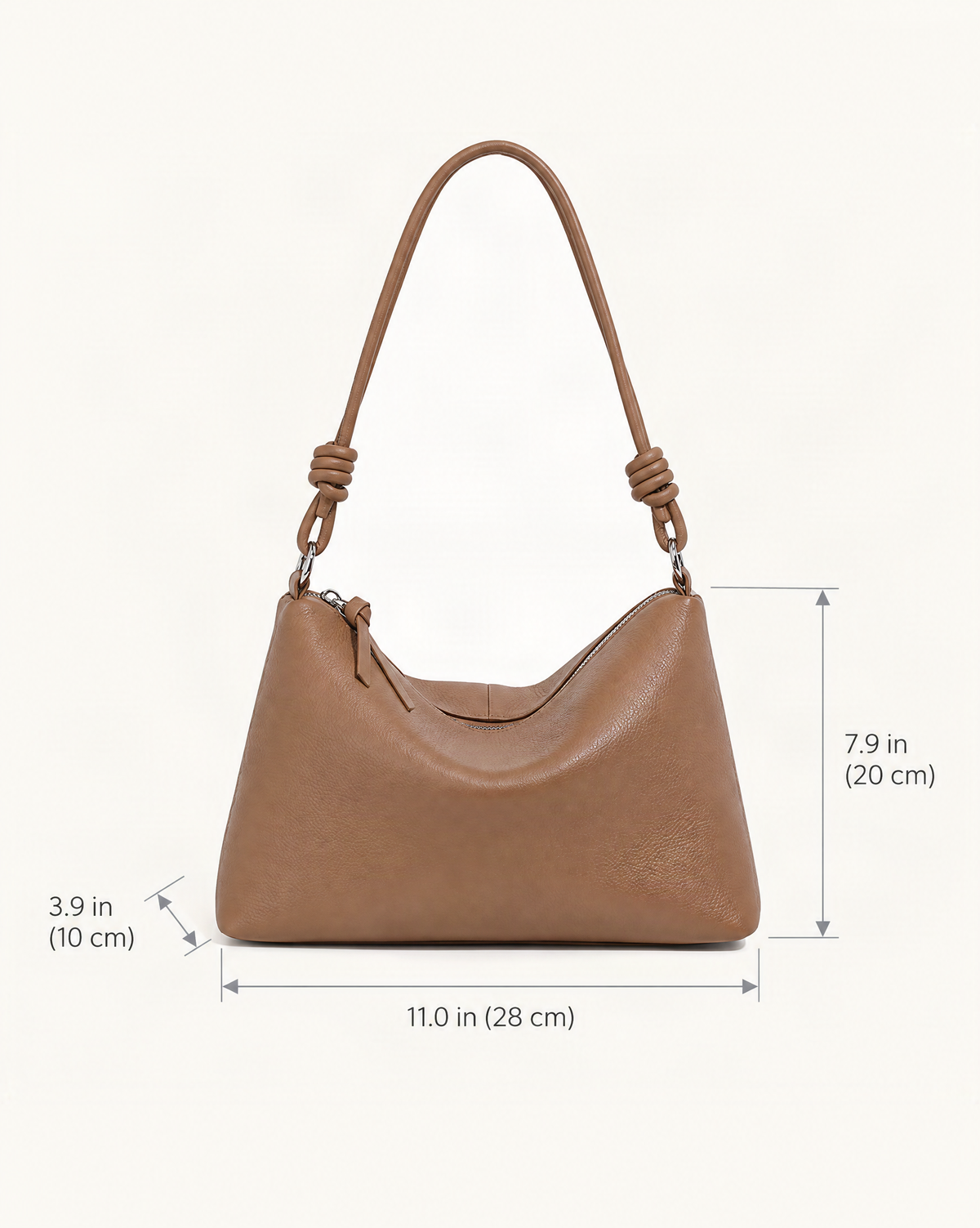 Pebbled Cowhide Leather Tote Shoulder Bag dimensions diagram, in inches and centimetres