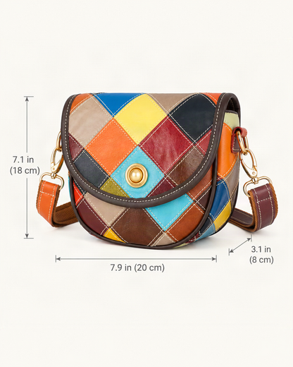 Cowhide Patchwork Crossbody Bag dimensions diagram, in inches and centimetres