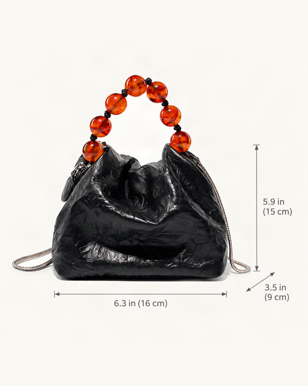 Crinkle Cowhide Mini Crossbody Bag with Beaded Handle dimensions diagram, in inches and centimetres