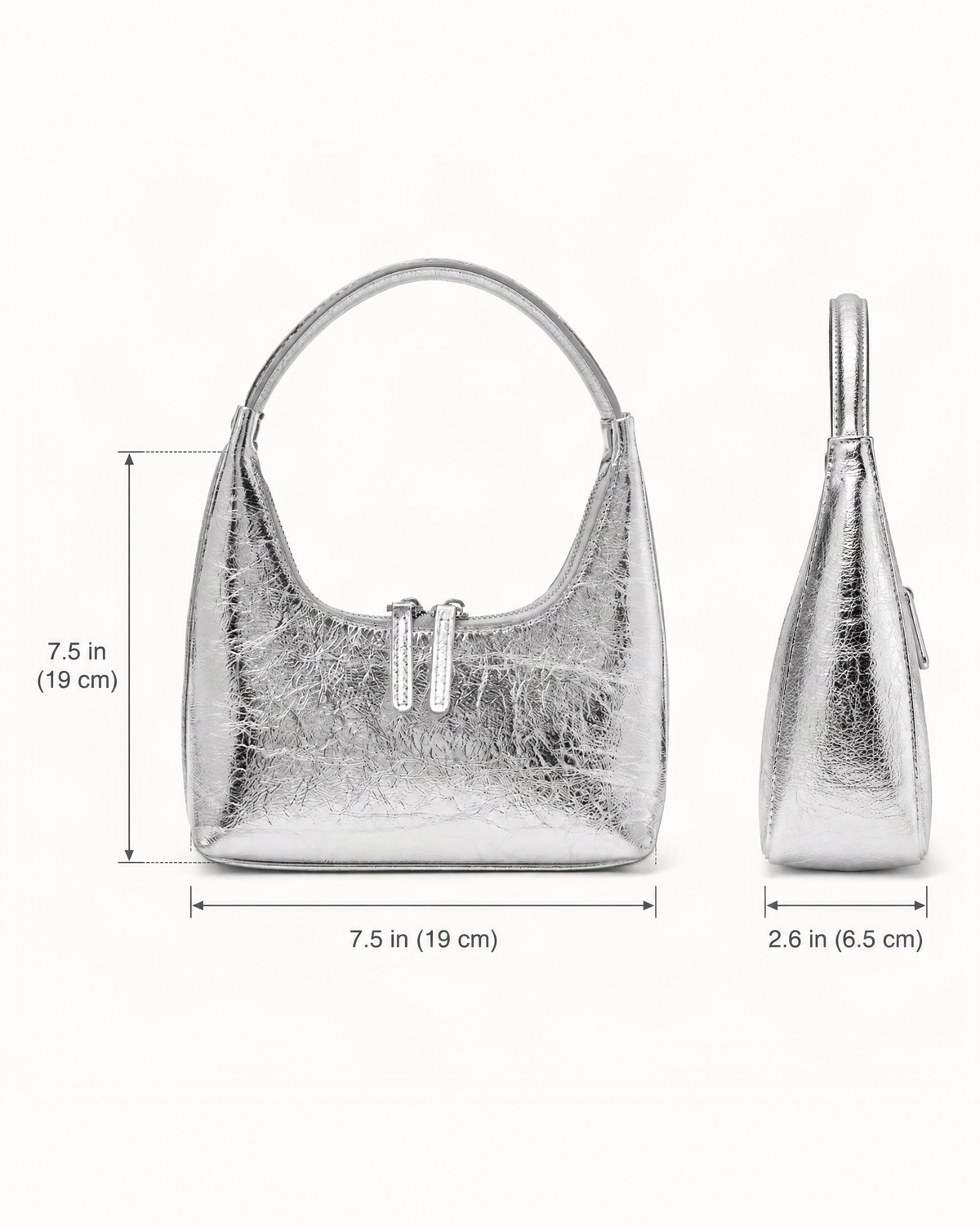 Cowhide Mini Top-Handle Hobo Bag with Double Zipper dimensions diagram, in inches and centimetres