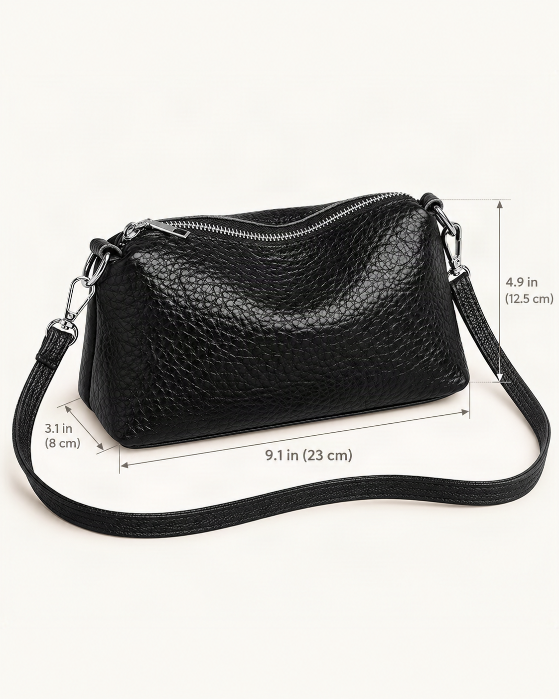 Top-Grain Cowhide Small Shoulder Crossbody Bag dimensions diagram, in inches and centimetres