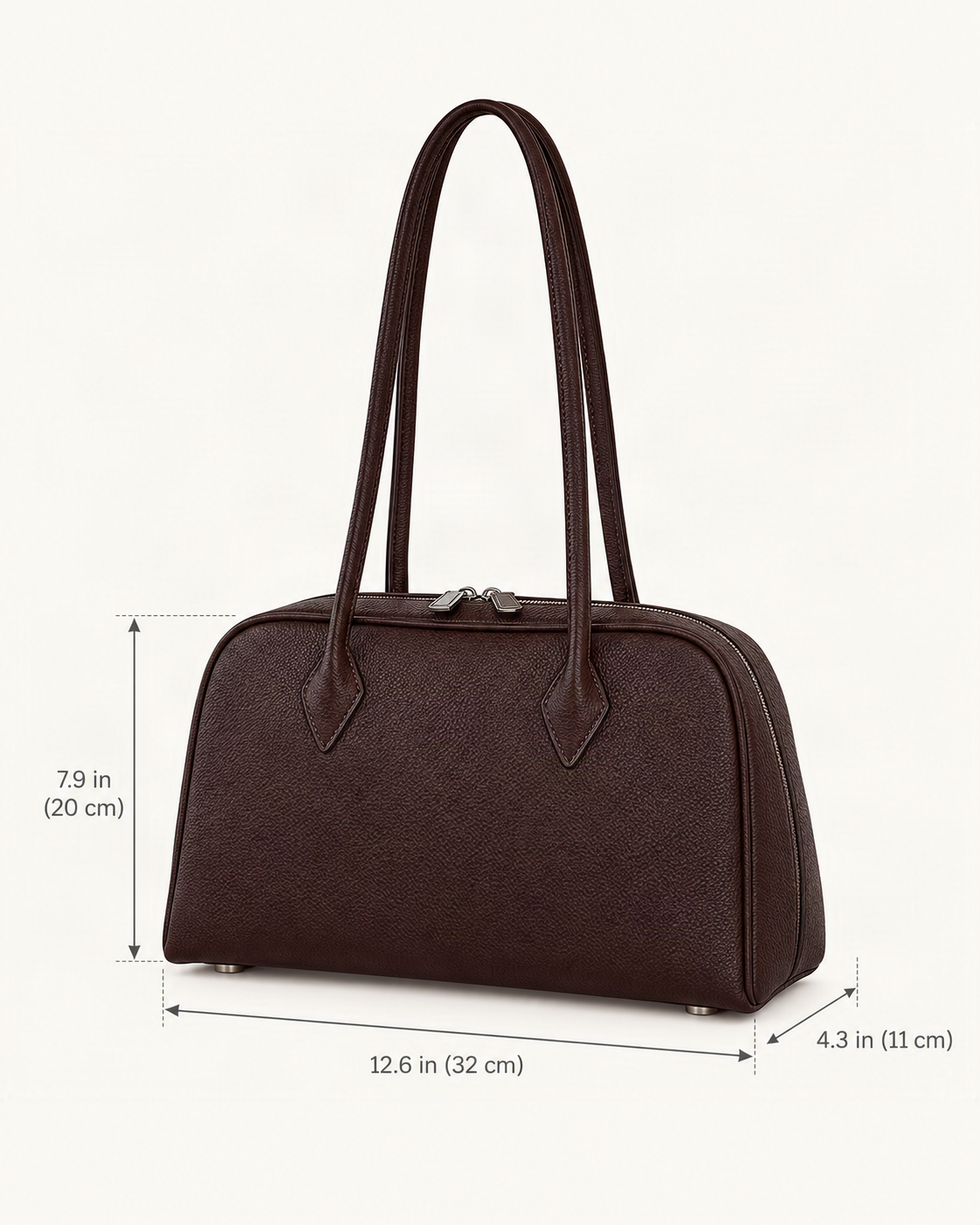 Top-Grain Cowhide Boston Shoulder Bag dimensions diagram, in inches and centimetres