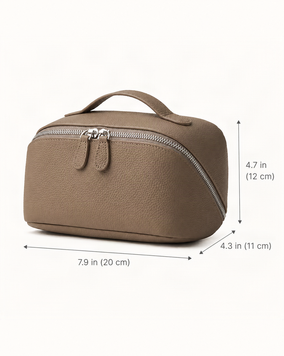 Cowhide Leather Travel Pouch with Top Handle dimensions diagram, in inches and centimetres