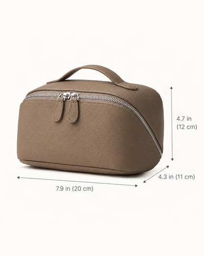 Cowhide Leather Travel Pouch with Top Handle dimensions diagram, in inches and centimetres