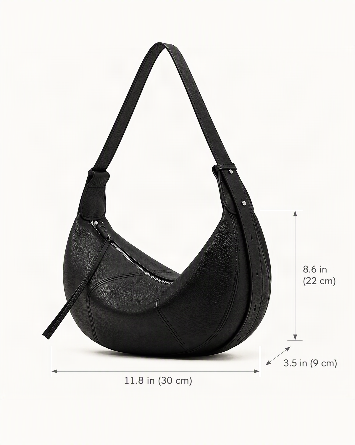 Cowhide Leather Crescent Hobo Crossbody Bag dimensions diagram, in inches and centimetres