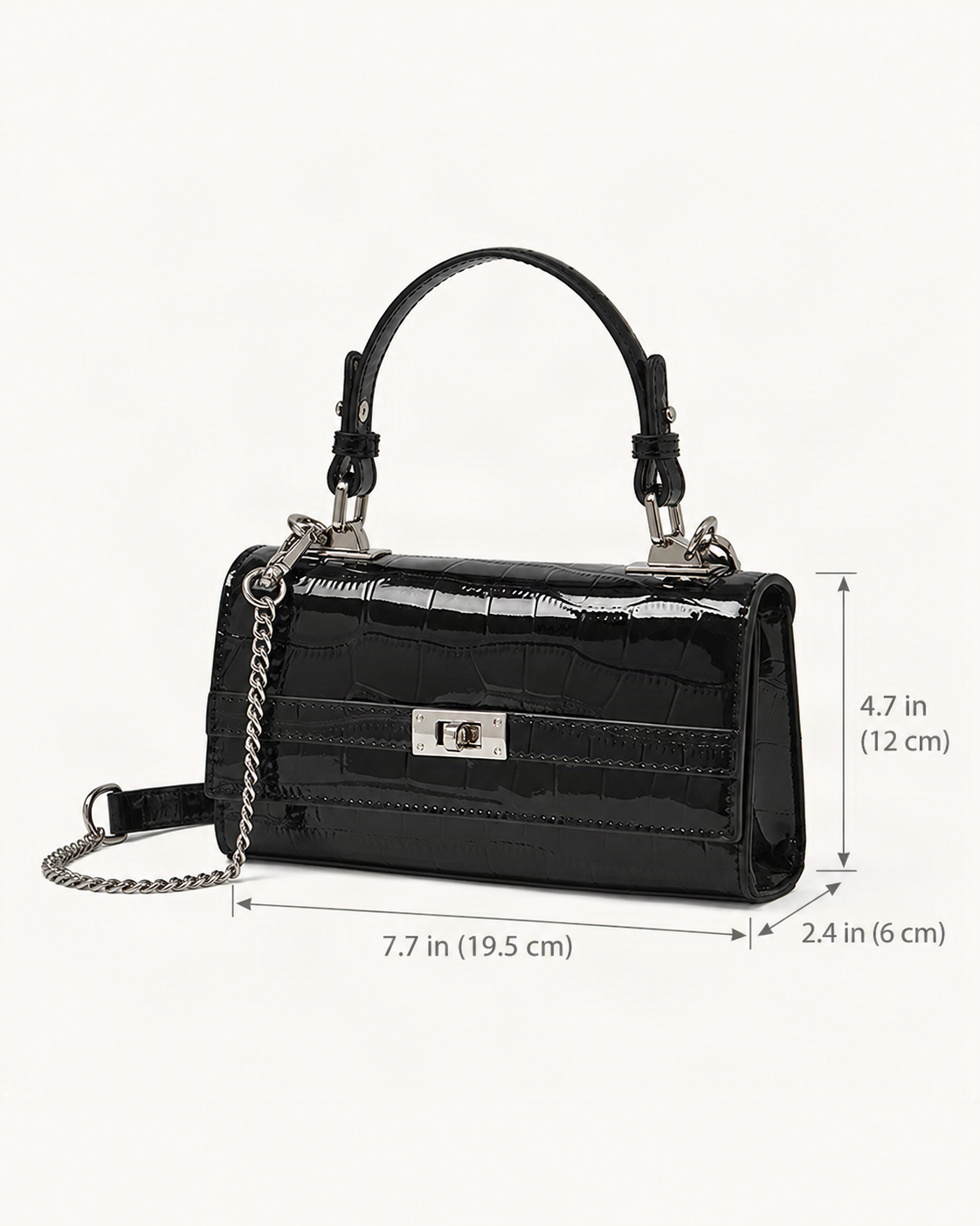 Crocodile-Embossed Cowhide Leather Envelope Crossbody Bag dimensions diagram, in inches and centimetres