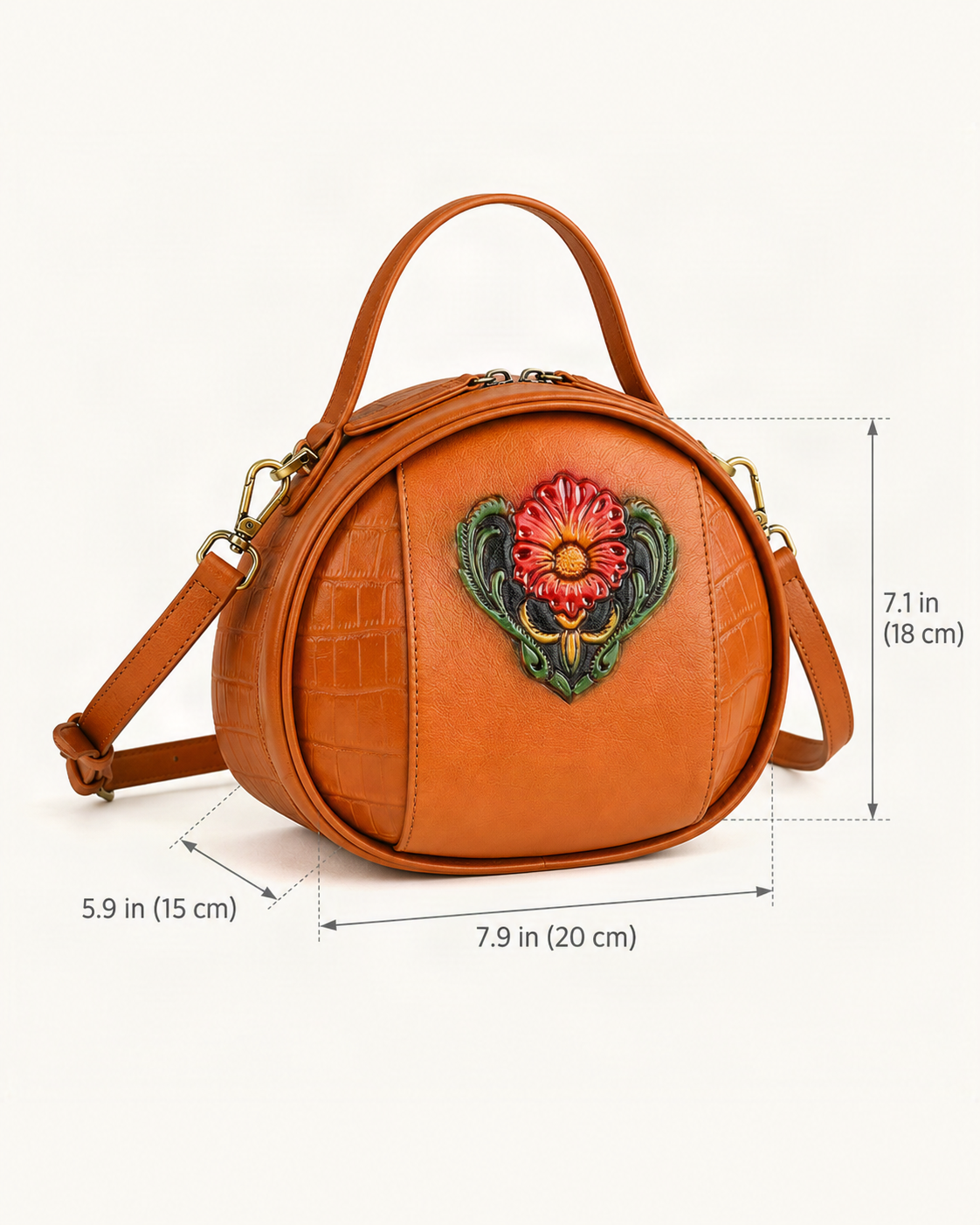 Cowhide Embossed Round Crossbody Bag dimensions diagram, in inches and centimetres
