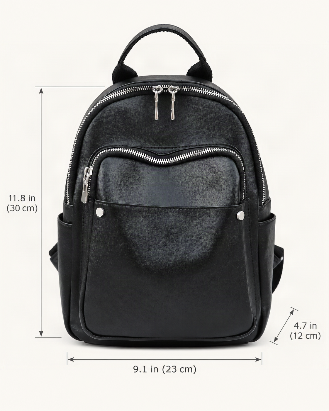 Top-Grain Cowhide Small Backpack dimensions diagram, in inches and centimetres