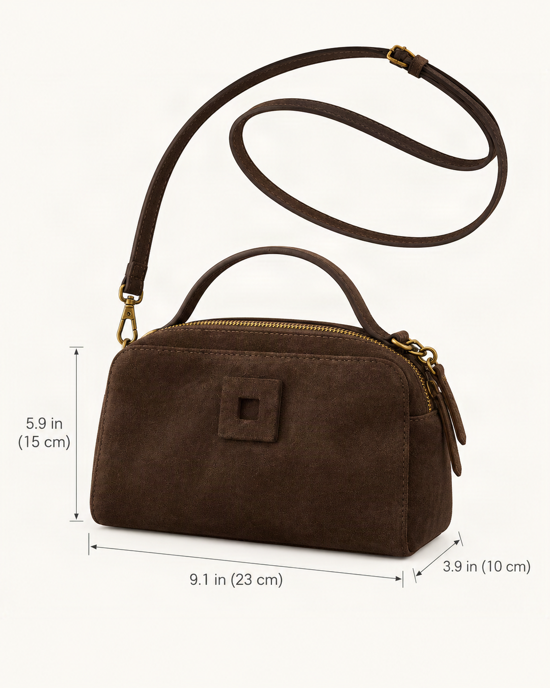 Nubuck Cowhide Small Crossbody Bag – Color Options dimensions diagram, in inches and centimetres