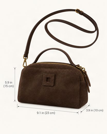 Nubuck Cowhide Small Crossbody Bag – Color Options dimensions diagram, in inches and centimetres