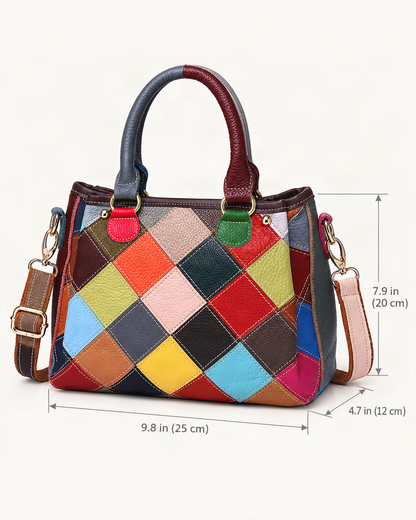 Top-Grain Cowhide Quilted Shoulder Bag dimensions diagram, in inches and centimetres