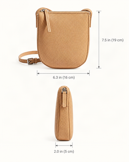 Cowhide Leather Mini Crossbody Phone Bag dimensions diagram, in inches and centimetres