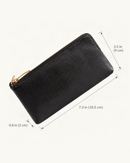 Cowhide Leather Long Wallet with Wrist Strap dimensions diagram, in inches and centimetres