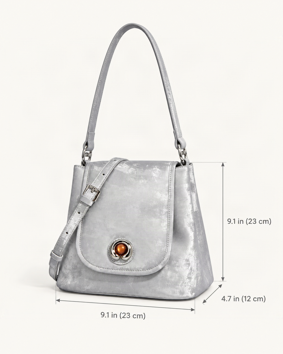 Split Leather Small Bucket Bag with Magnetic Flap dimensions diagram, in inches and centimetres