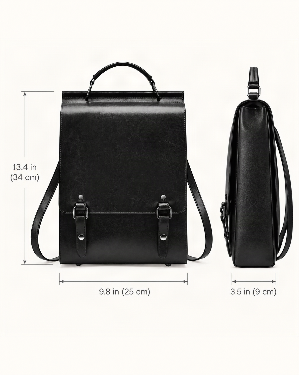 Cowhide Leather Small Backpack with Buckle Flap dimensions diagram, in inches and centimetres