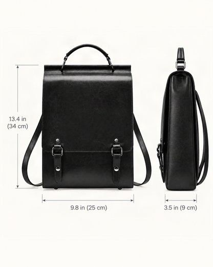 Cowhide Leather Small Backpack with Buckle Flap dimensions diagram, in inches and centimetres