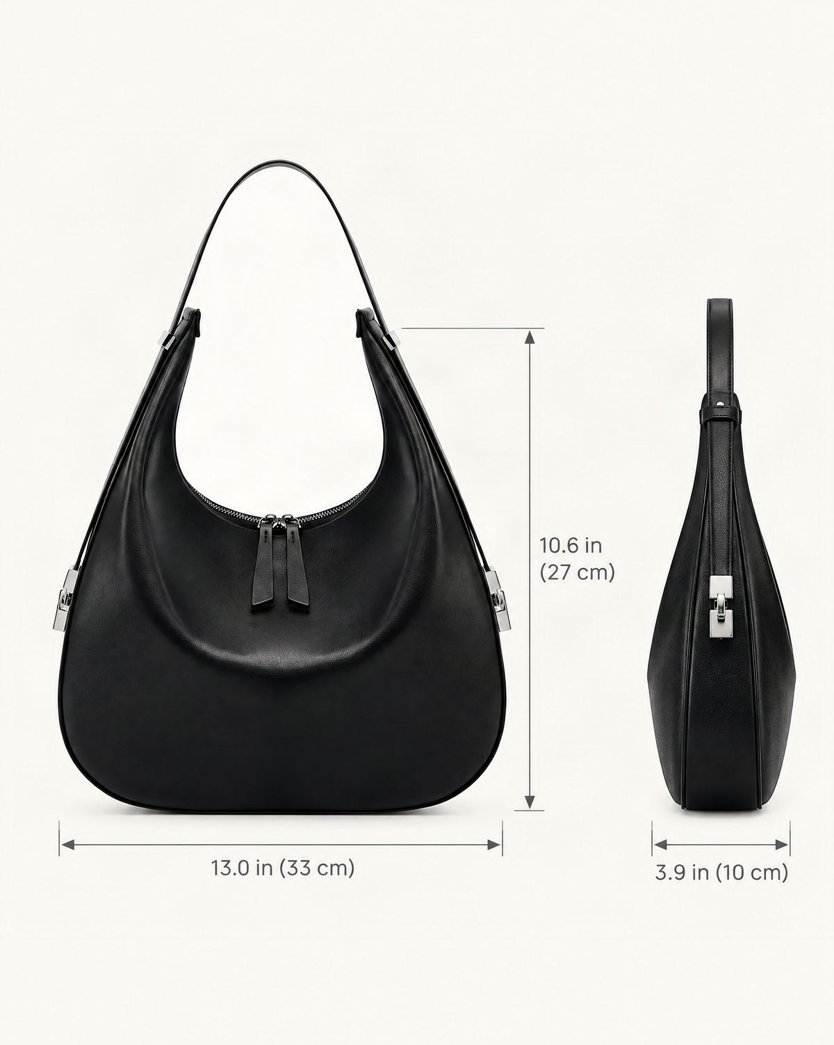 Cowhide Leather Crescent Hobo Shoulder Bag – Color Options dimensions diagram, in inches and centimetres
