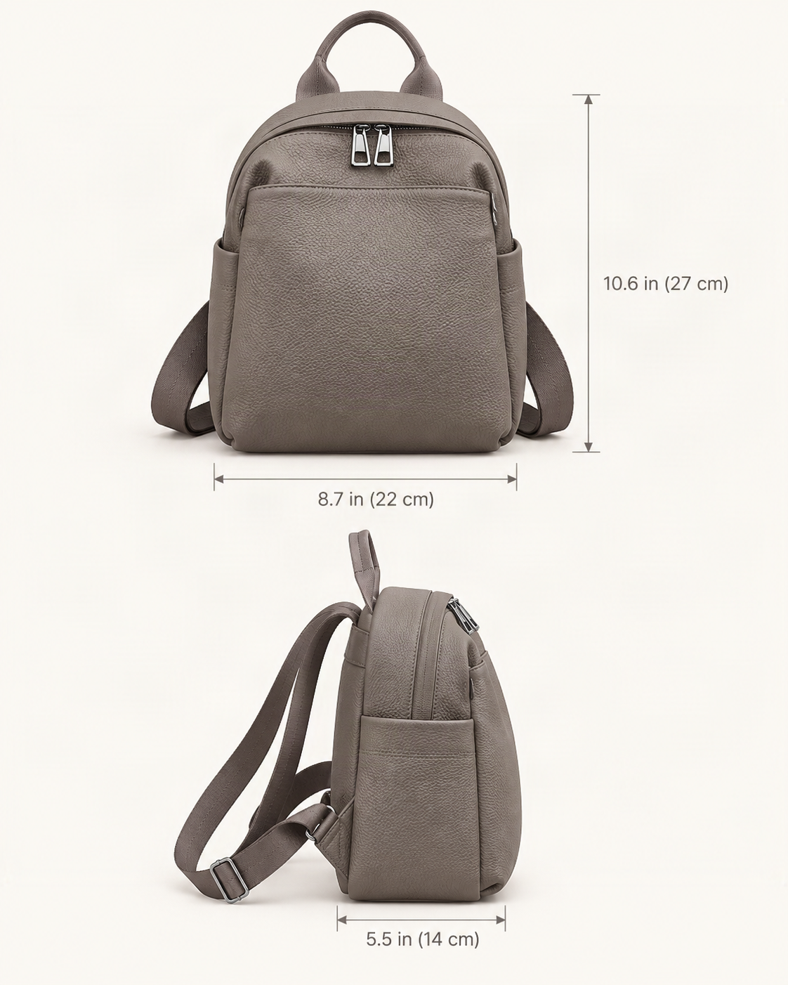 Top-Grain Cowhide Small Backpack – Color Options dimensions diagram, in inches and centimetres