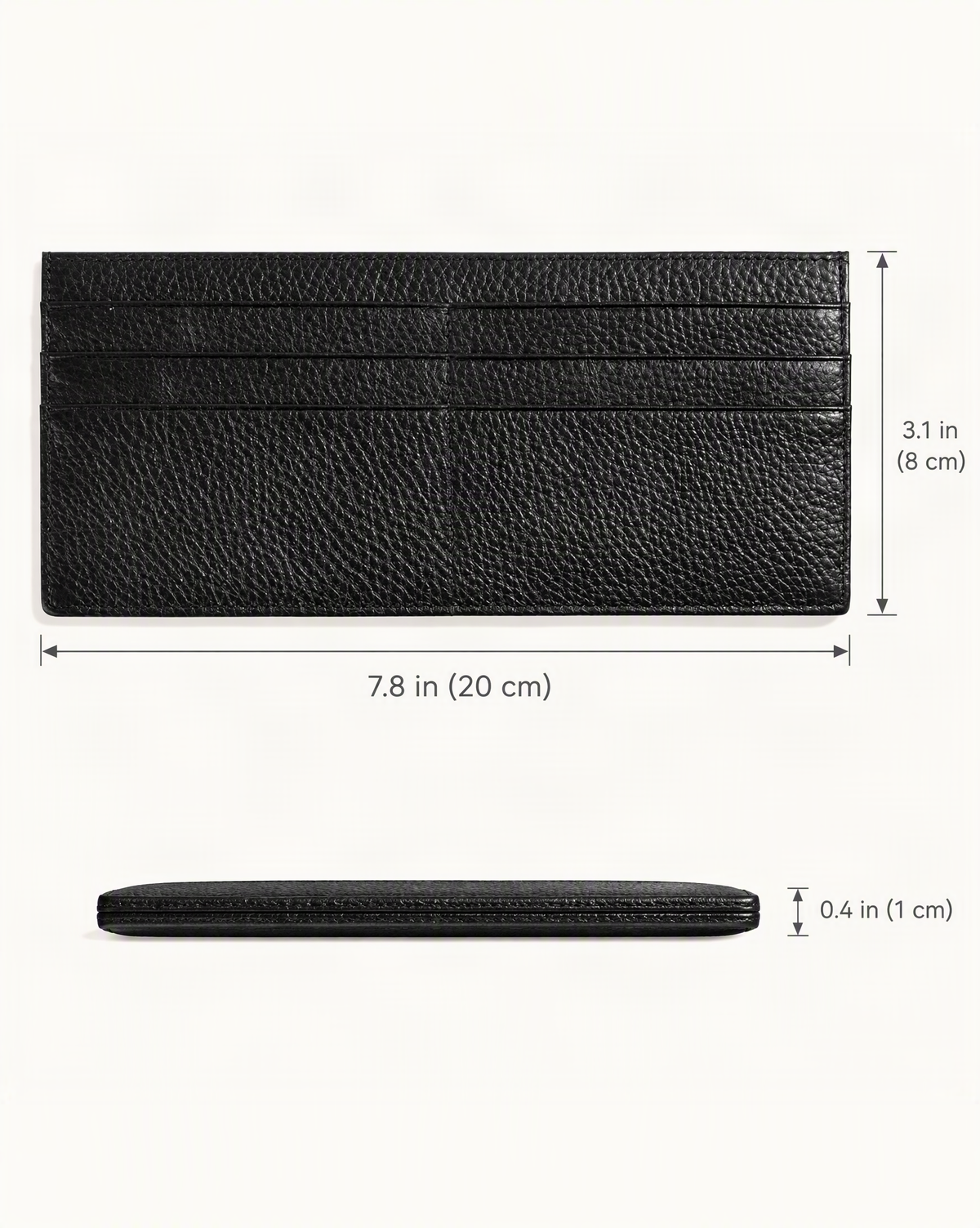 Cowhide Leather Slim Long Wallet with 6 Card Slots dimensions diagram, in inches and centimetres